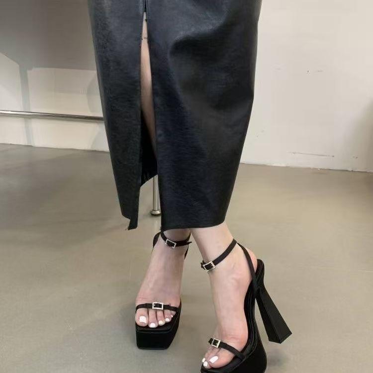 Spring new black thick-soled non-slip waterproof table high heels women's word with thick heel buckle women's sandals