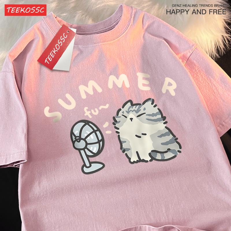 American Street Creative Blow Fan Cat Pure Cotton T-shirt for Men Women Summer Relaxed Short Sleeve Couple Wear Harajuku Top Tee