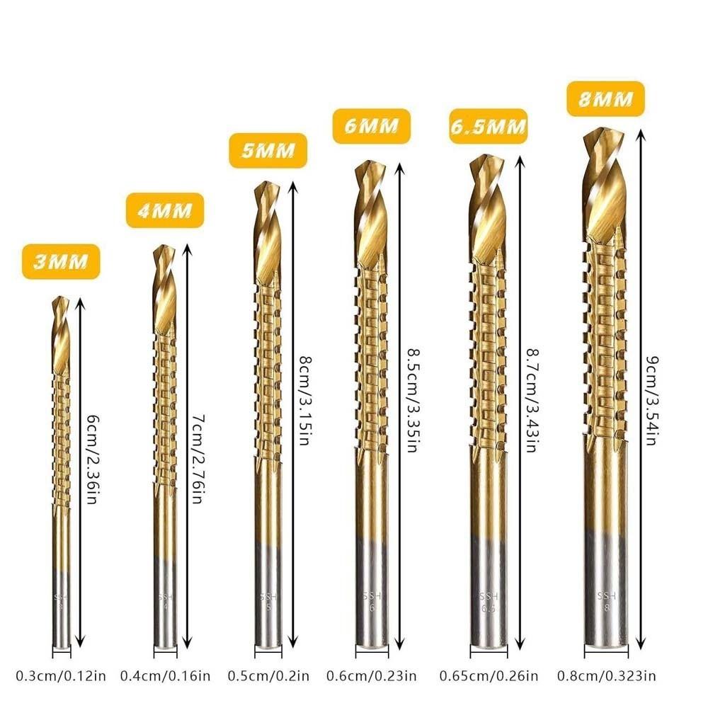 6pcs Hole Opening Twist Bore Bits 3-8MM HSS Drill Bits 3 in 1 Grooving Drills  Thin Wooden Board