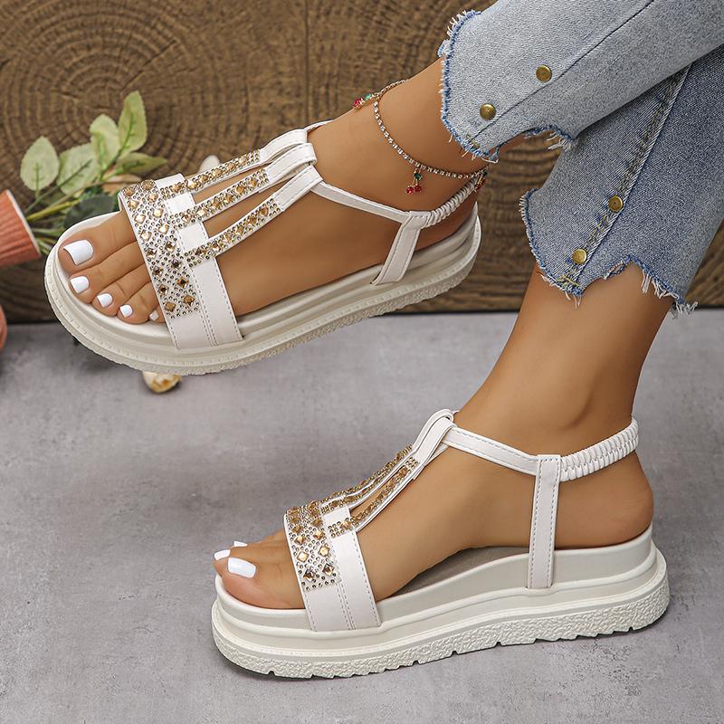 Módní sandály na platformě s kamínky pro ženy, léto 2025, silná podrážka, neklouzavé plážové boty, lesklé krystalové bohémské sandály, mujer