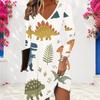 Women Plus Size V Neck Long Sleeve Cat Printed Grey Checkerboard A Line Dress