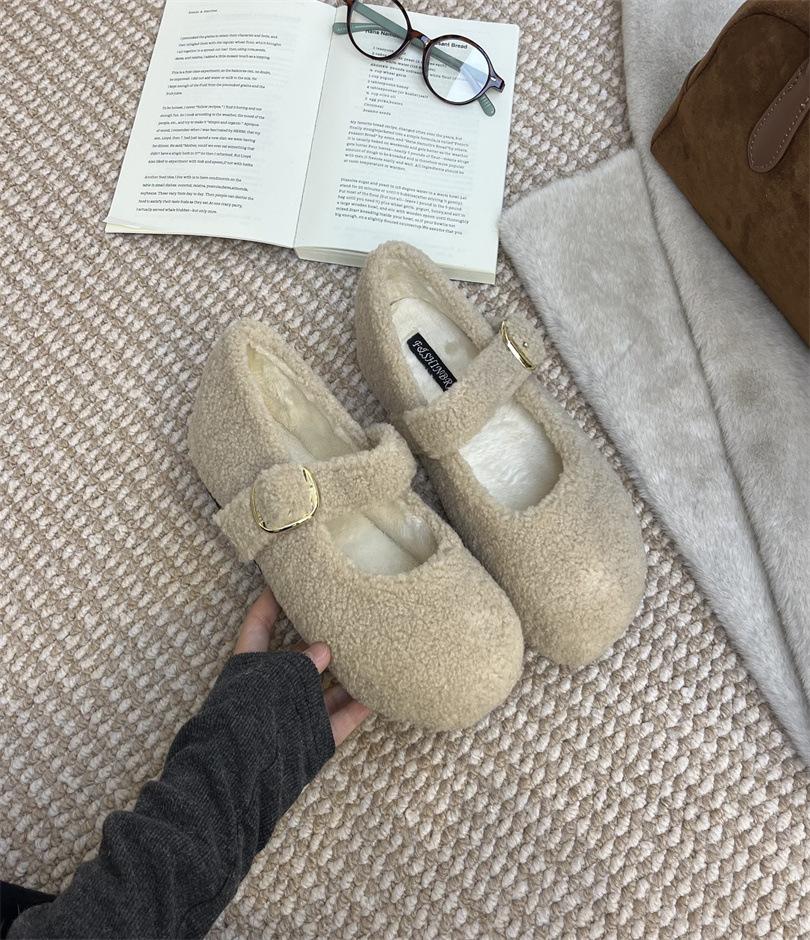 

thick-soled white plush plush shoes women s shoes wear 2025 new autumn and winter Mary Jane single shoes plush cotton shoes 39 абрикосовий
