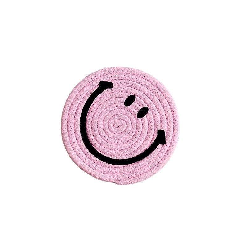 Smiling Face Round Mat Woven Ramie Placemats Anti Slip Dining Table Mats Non-Slip Tableware Bowl Pads Kitchen Drink Cup Coasters