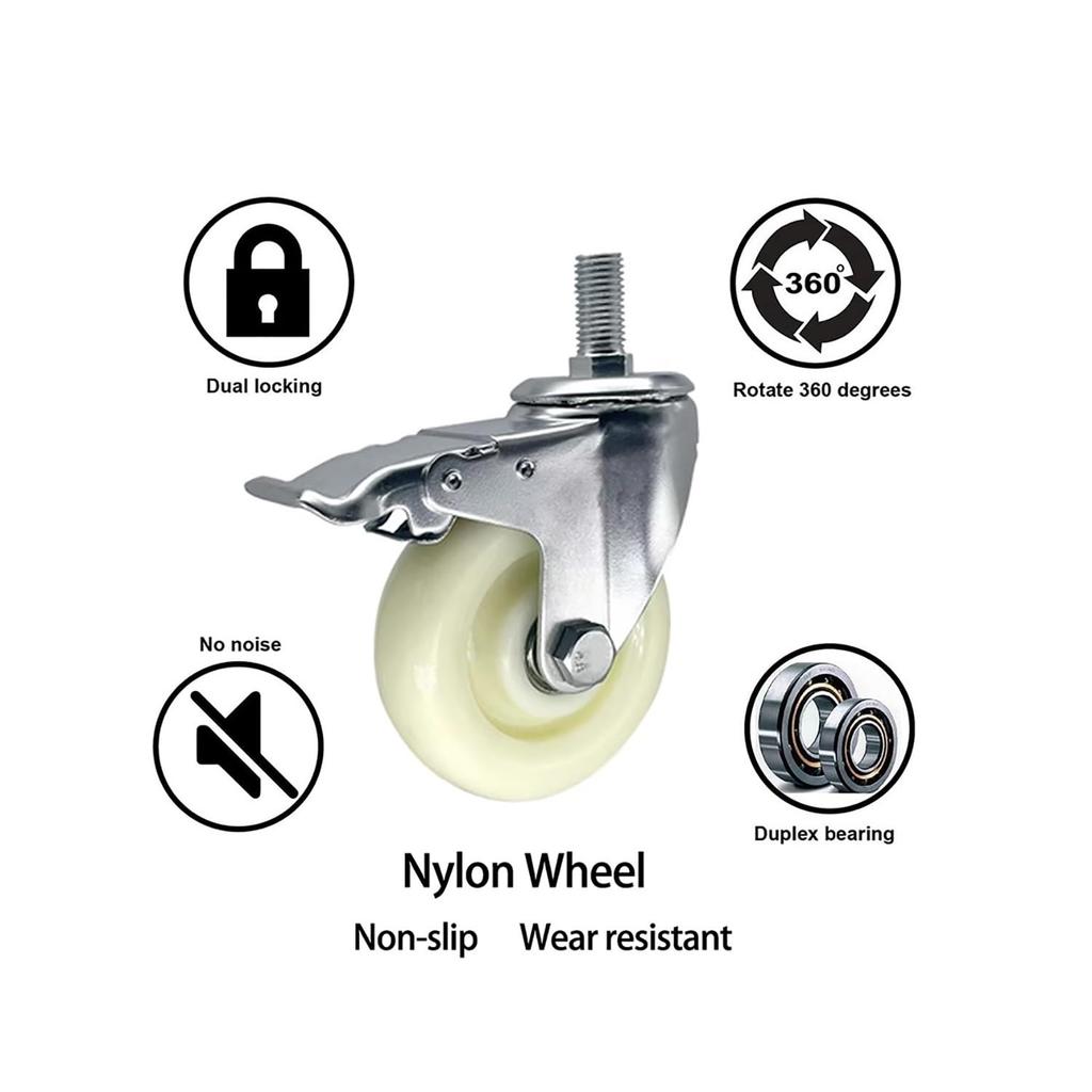 4 Pack 3" Threaded Stem Casters, M14 M16 M20 Locking Caster with Bearing, Trolley Furniture Swivel Castor, Heavy Duty Nylon Castors for Industrial,