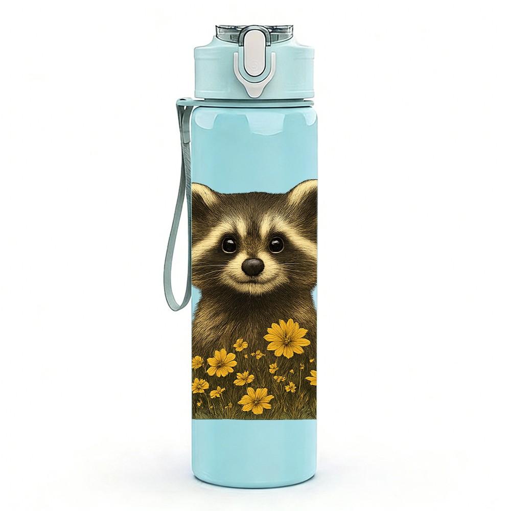 1PC Floral Sunflower Raccoon 750ml Color Plastic Sports Water Bottle Leakproof Flip Straw Lid Suitable for Sports Office Home Use