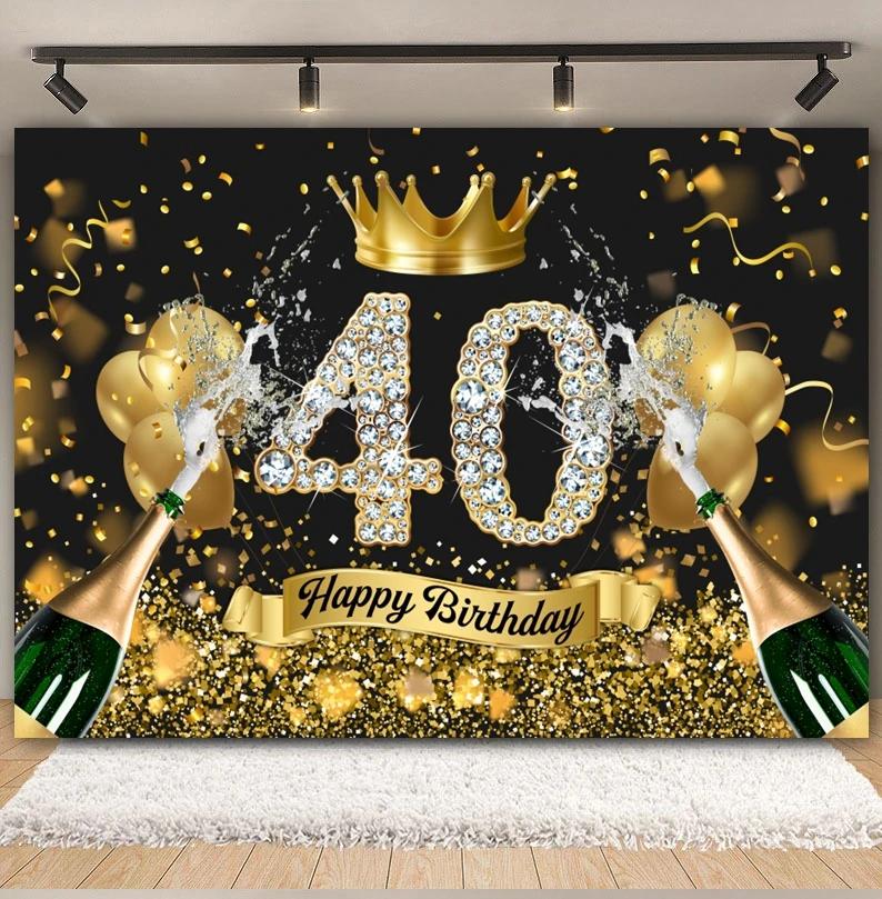 Black Gold Happy Birthday Backdrop Glitters Balloon 18th 30th 40th Adult Anniversary Birthday Party Photography Background Decor5