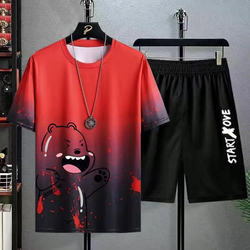 Summer Casual Suit Men's Ultra-thin Quick-dry Ice Silk Short Sleeved T-shirt Sports 5-minute Shorts Running 2-piece Set