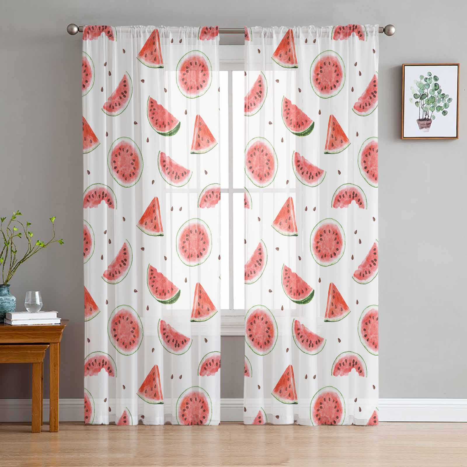 

Summer Fruit Watermelon Crimson Red Forest Green Transparent Curtains Perfect for Living Room Decoration Window Panel Curtains Kitchen Netting Voile W135 x H115cm x1&Grommet Top