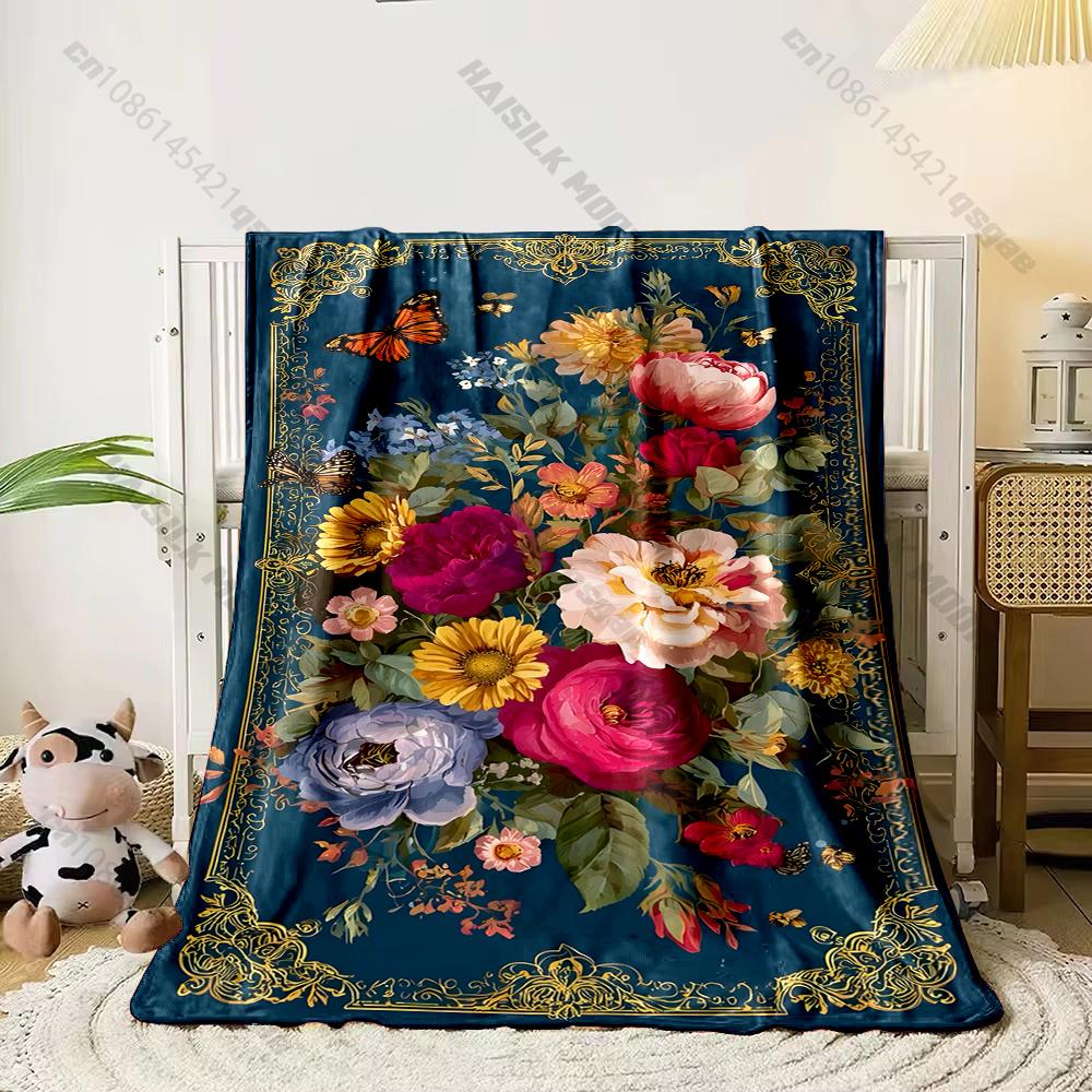 The Gilded Florals Print Blanket for Home Office Leisure Nap Travel Blanket Sofa Bedding Cover Blankets Gift for Friends Family
