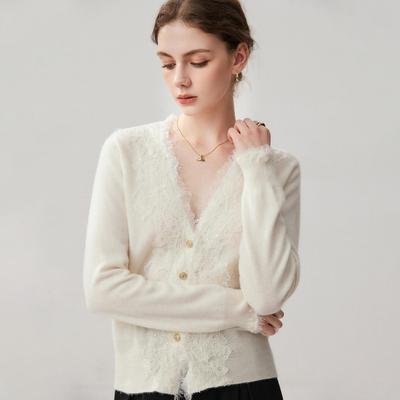 Women's Lace Beaded Trim V-neck Cashmere Cardigan - Loose Autumn/Winter Sweater Coat