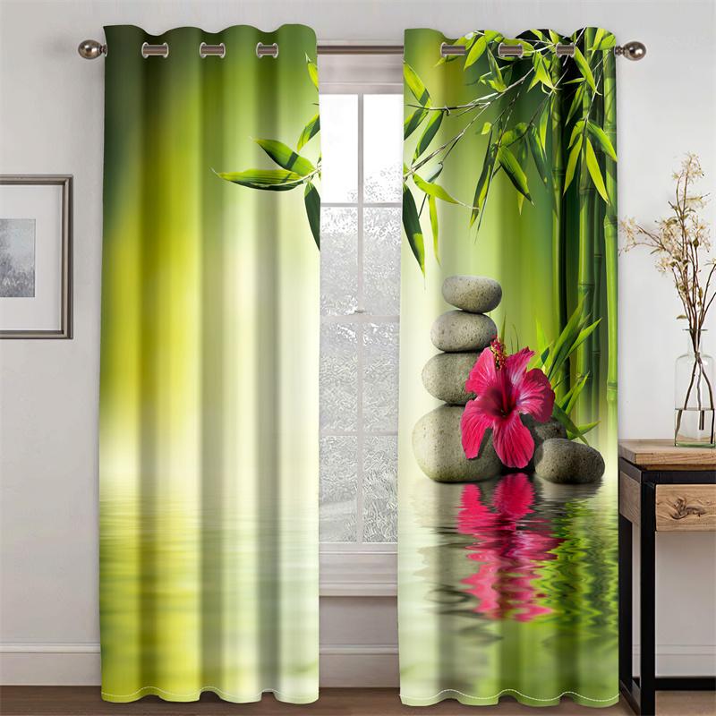 Perdea de Fereastră Ieftină din Poliester cu Imprimeu 3D Verde Zen Spa Pietre Lotus Bambus Herbal Subțire Semi Umbrire pentru Dormitor Living Cârlig