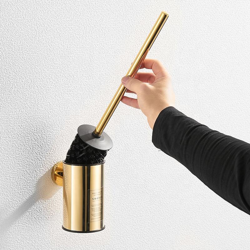 Modern Wall Hung Mounted 304 Stainless Steel Golden Round Toilet Brush Holder Set Gold Black Gun Grey Chrome