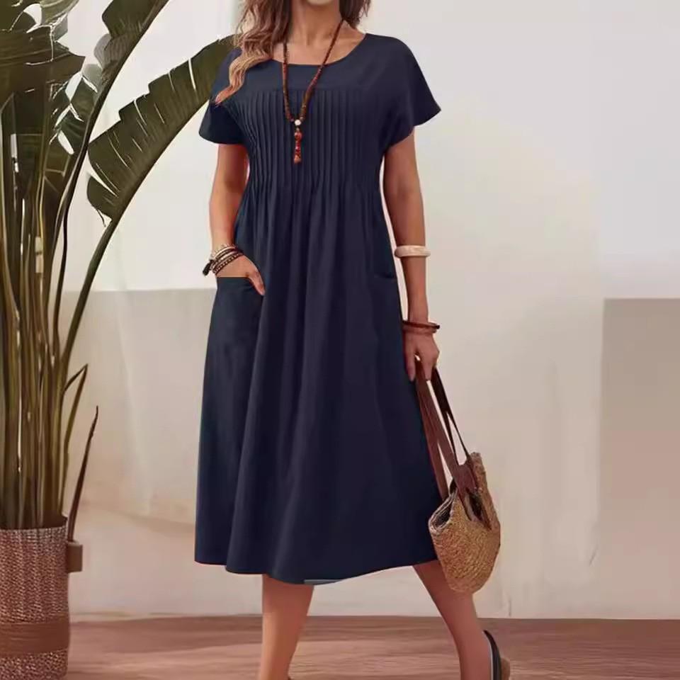 Women's Solid Color Round Neck Pocket Pleated Short Sleeve Cotton And Linen Dress