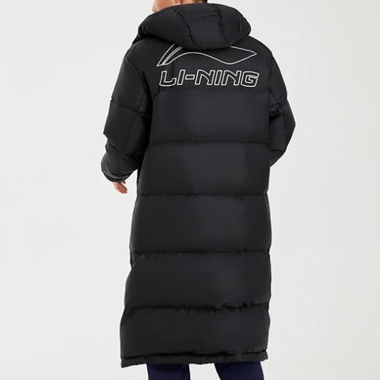 Li Ning Sports Basketball Series Logo Print Mid-Length Loose Hooded Down Jacket Men Outerwear Black AYMR051-1