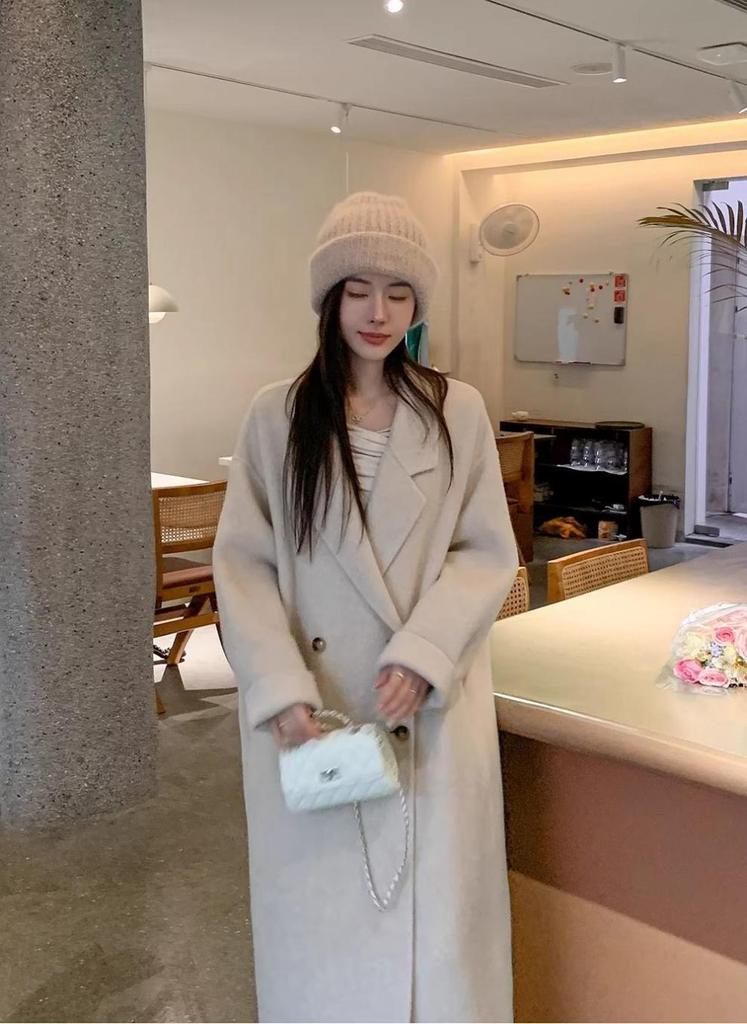Women's Mid-Length Pink Double-Faced Wool Coat - 2025 Korean Autumn/Winter Style