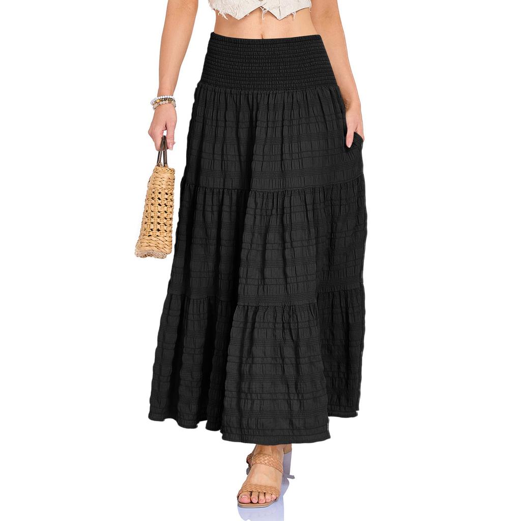 Falda Larga de Mujer Verano Boho Fluida con Volantes Casual Elástica de Cintura Alta Oscilante Línea A Larga con Bolsillos