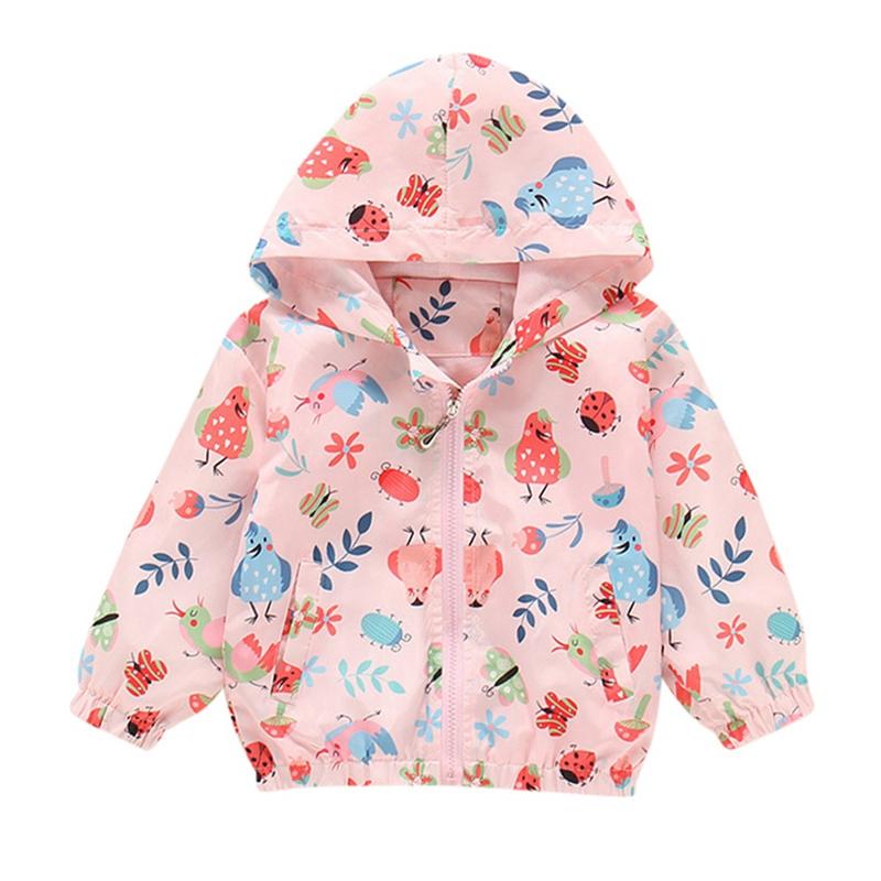 2-10 Years Kids Girls Printed Hooded Coat Thin Zipper Jacket