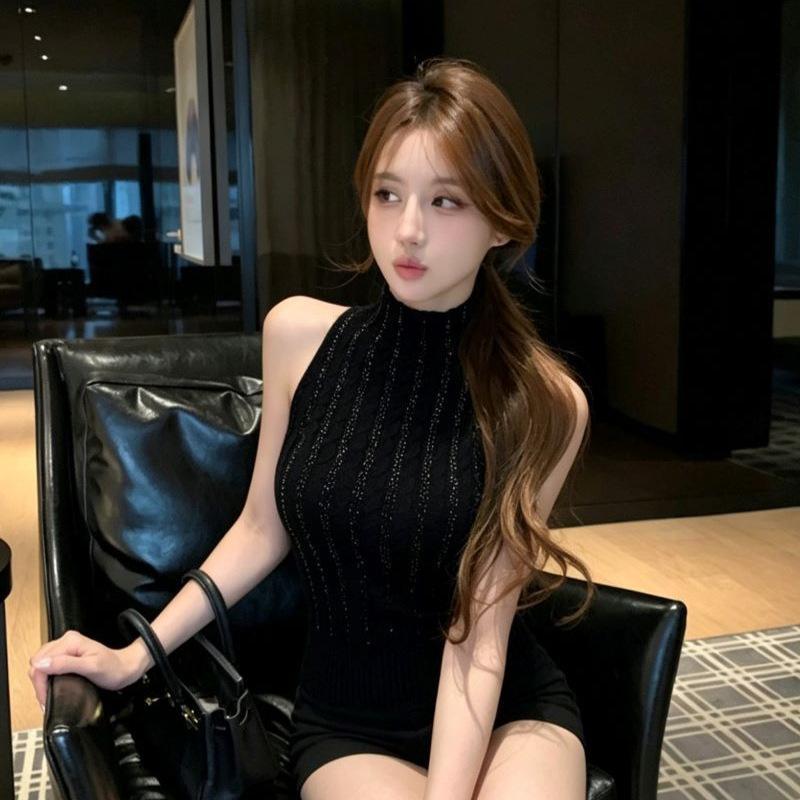 Pure desire sexy hot diamond semi-turtleneck sleeveless knitted vest summer waist thin Spice girl temperament versatile top women