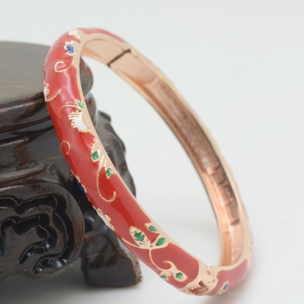 Open Drip Oil Enamel Bracelet Traditional Hollow Out Flower Bangle Vintage Cloisonne Bangle  Woman