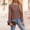 Spring Autumn Top Women Ribbed Long Sleeve Top, Loose Casual Blouse with Button, Solid Pullover Shirts Color Crew Neck ShCrew irt for Soft
