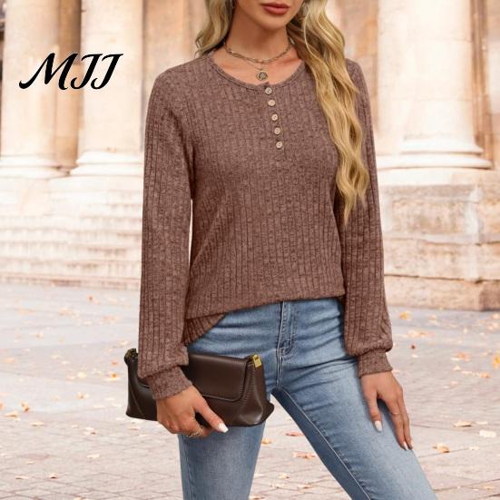 Spring Autumn Top Women Ribbed Long Sleeve Top, Loose Casual Blouse with Button, Solid Pullover Shirts Color Crew Neck ShCrew irt for Soft