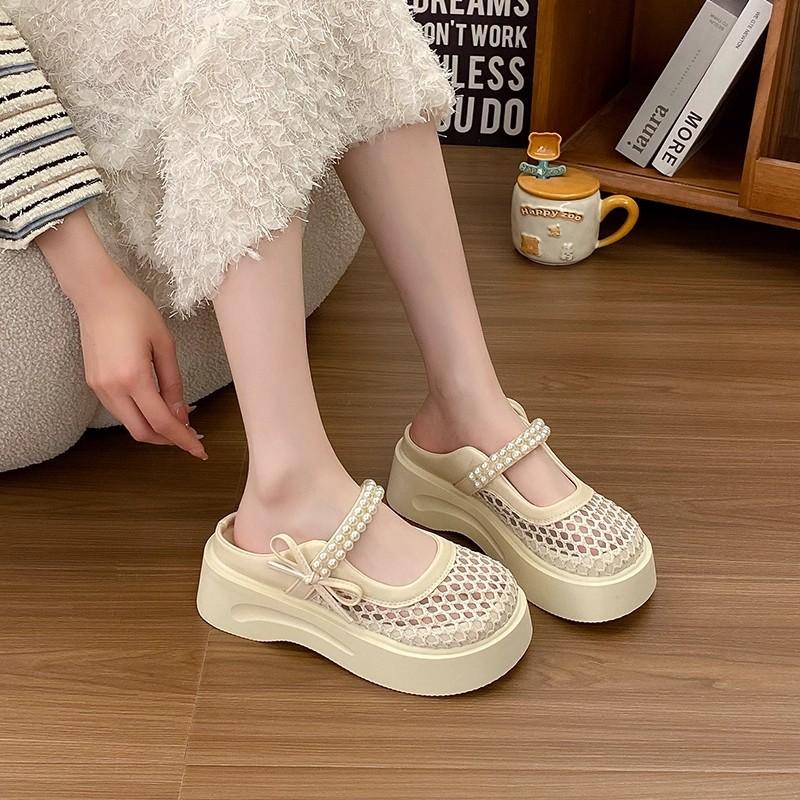 Thick-soled Bag Head Half Slippers Women's Summer Fashion Hole Sandals Lightweight Height-increasing Breathable Hollow Mesh Shoes