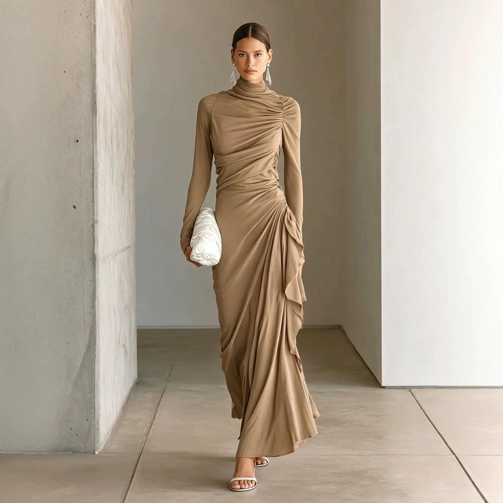 Women's High Neck Ruched Bodycon Dress, Long Sleeve Slim Fit Elegant Party Dress