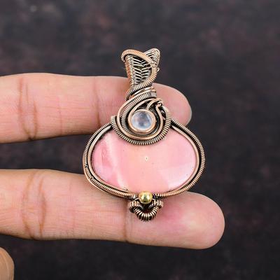Pink Opal Pendant Copper Wire Wrapped Pendant Rainbow Moonstone Pendant Original Gemstone Jewelry Handmade Copper Wire Jewelry Wedding Gift