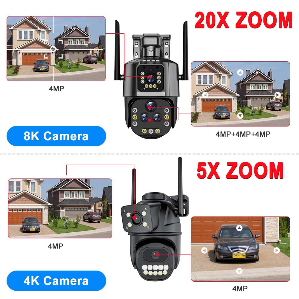 8K 16MP WiFi IP 20X Zoom PTZ Outdoor Wireless Security Camera Four Lens CCTV Cam 4K Video Surveillance Cameras Smart Home