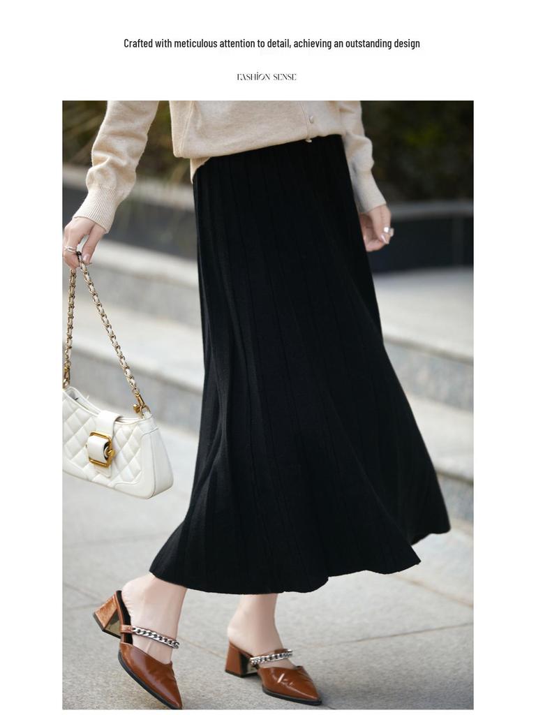 Women's Gray High-Waist Pleated A-line Skirt for Autumn/Winter - Mid-Length, Slimming, Petite Fit