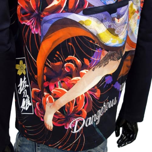 Battou Musume Men's Long Sleeve T-Shirt with Japanese Pattern, 243892 (JP, Alphabet, M, Black)