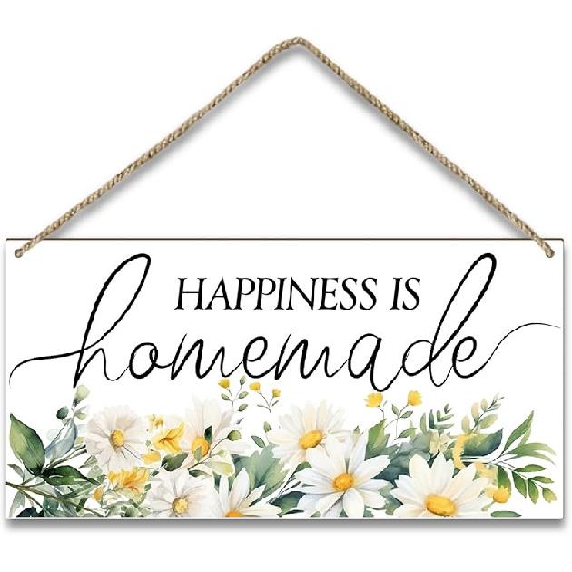 Happiness is Homemade Door Wood Sign Plaque Gift, Kitchen Wooden Wall Hanging Sign with Twine, Shelf Wood Floral Art Signs, Bathroom Home Hotel Happiness is Homemade Doo