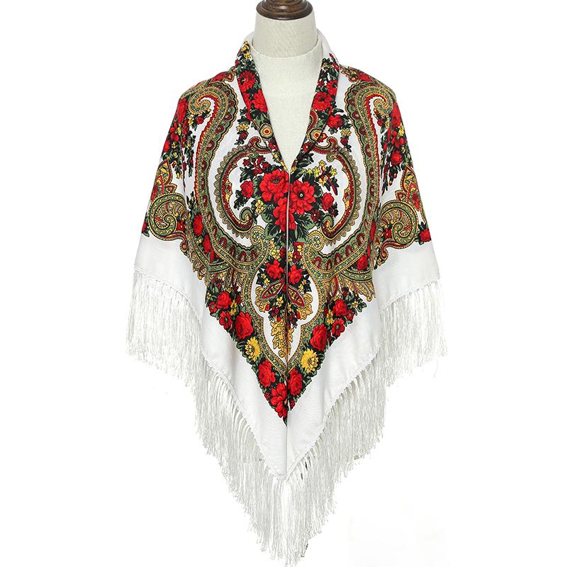 51*51In Women Scarf Square Shawl Retro Fringed Cotton Print Scarves Hijab Wraps Russian Ukrainian Embroidery Cape Bandana
