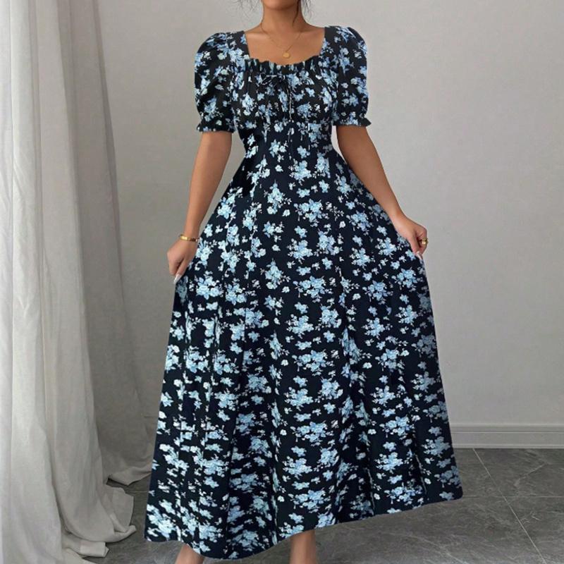 Ruffle Edge Dress Women Puff Sleeves Printed Slim Fit Spring Summer Size S-XXL