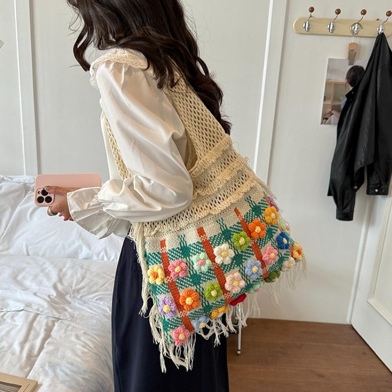 Fashion Crochet Knit Shoulder Tote Bag with Colorful Flower Tassel Womens Shoulder Bag for Vacation Shopping and Daily Outing Ladies' Holiday Gifts