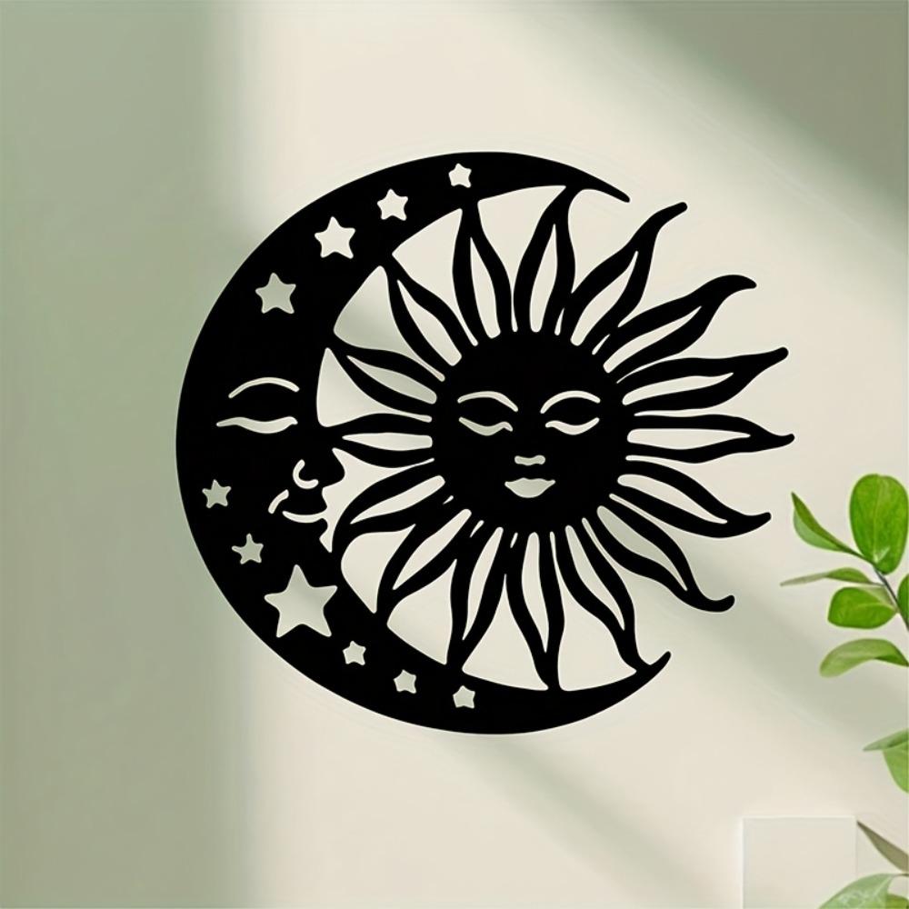1pc Sun Moon Metal Wall Art, Celestial Silhouette Sculpture Striped Design Black White Stars, Modern Home Wedding Indoor Wall Decor