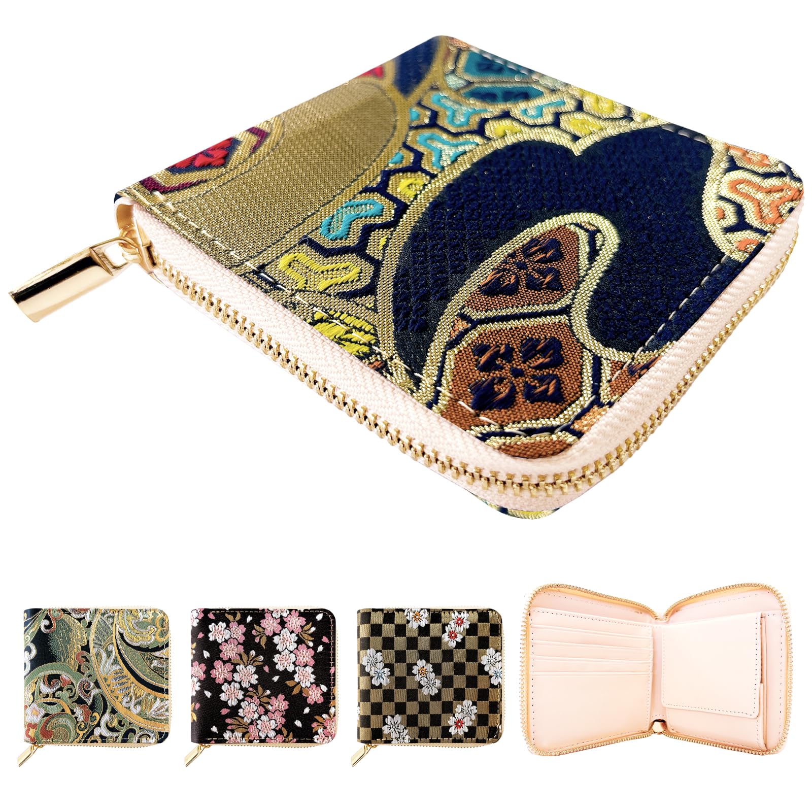 

Nishijin-ori wallet, bi-fold, coin purse, compact, thin, card slots, round zipper, wave pattern