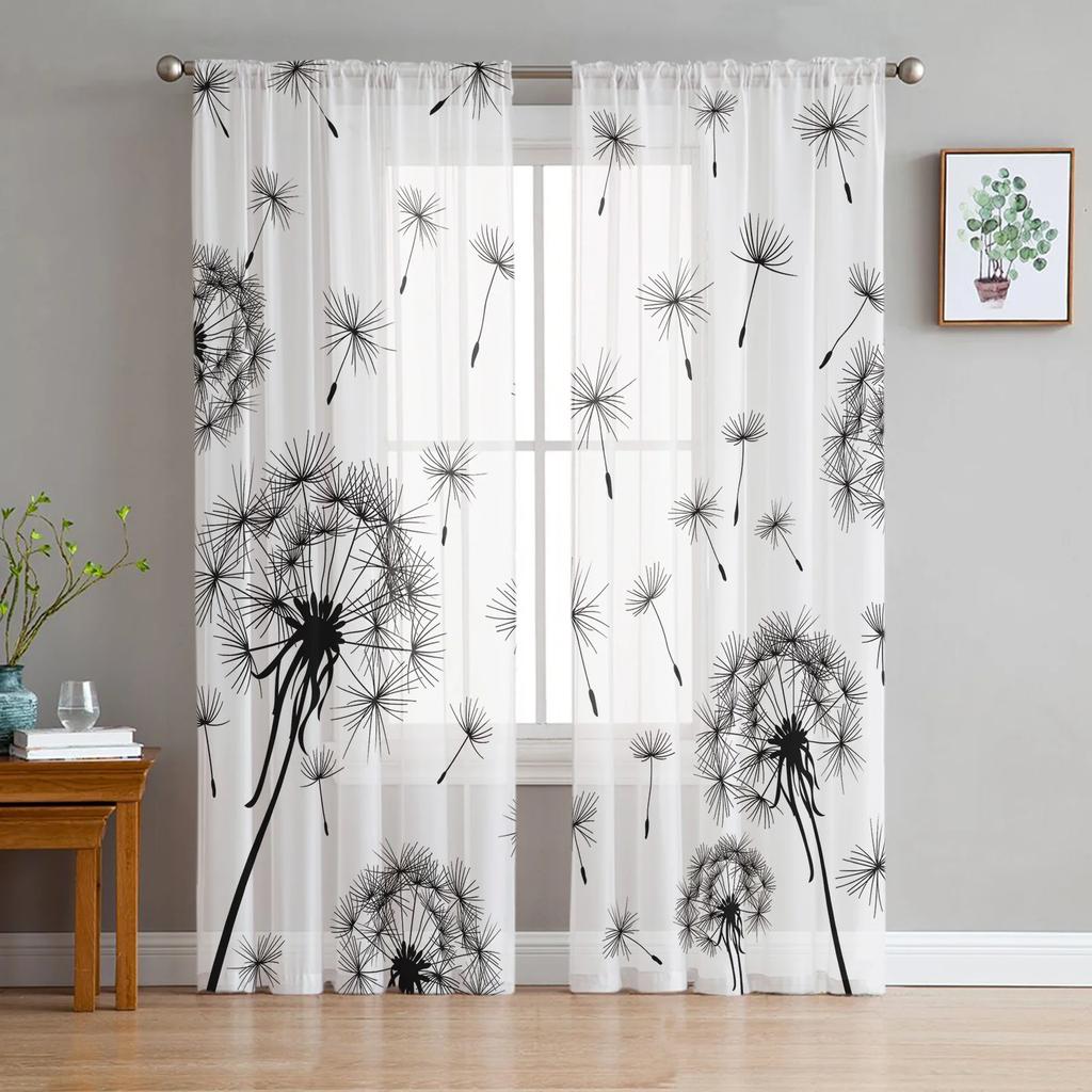 Black And White Dandelion Plant Sheer Curtains for Living Room Decoration Window Curtain Kitchen Tulle Voile Organza Drapes