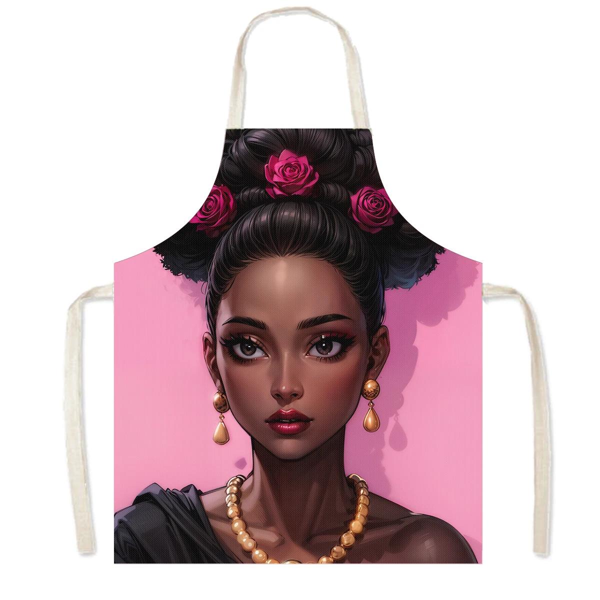 

African Cartoon Girls Print Cooking Aprons Afro Women Household Cleaning Pinafore Barber Restaurant Chef Waiter Kitchen Apron 38X47cm(15X19in)