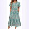 A Women's Round-neck Petal-sleeved, Short-sleeved Mid-length Printed Dress