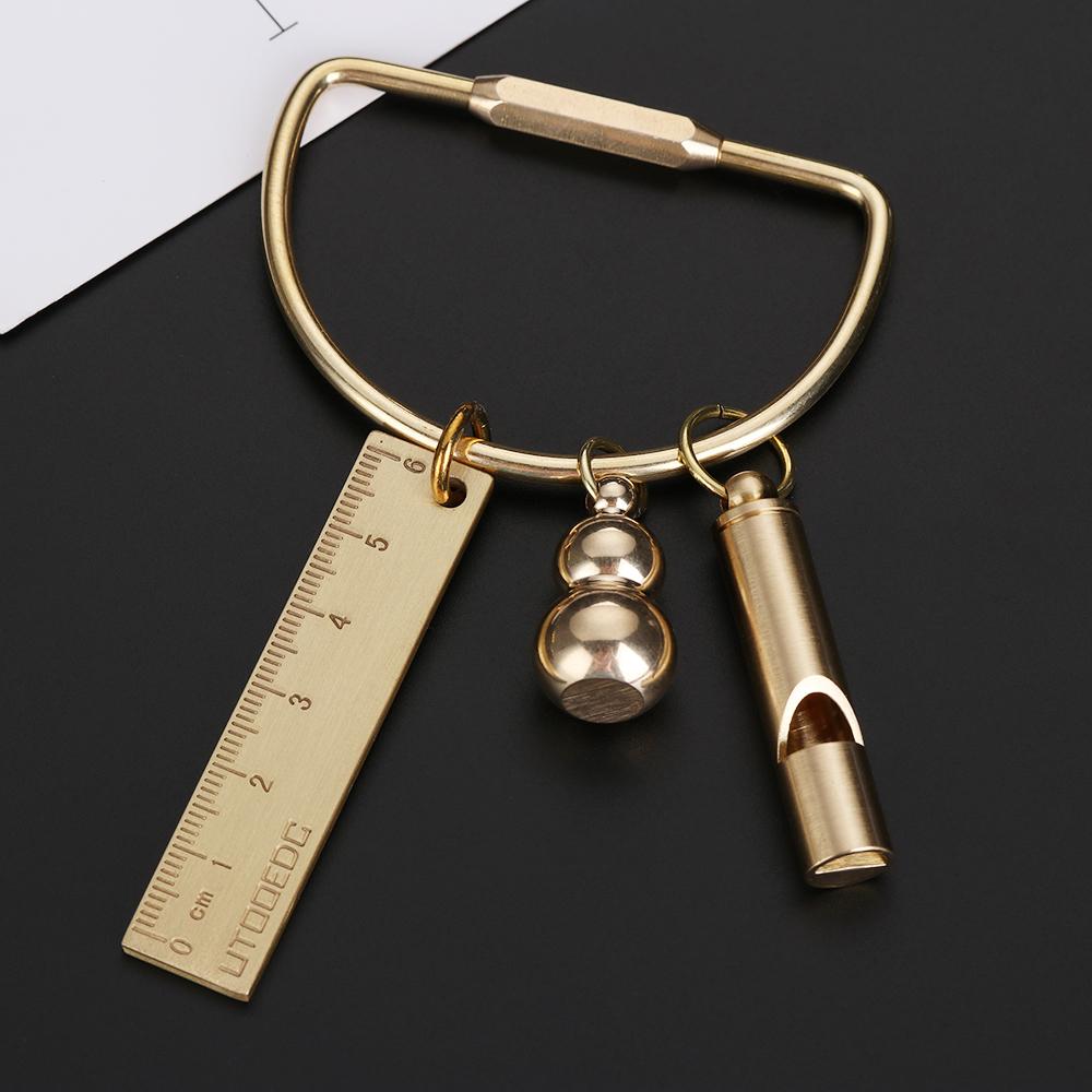 Creative Brass Keychain Portable Key Ring Pendant Whistle Ruler Buckles DIY Unique Organizer Tools Jewelry Keychain Accessories
