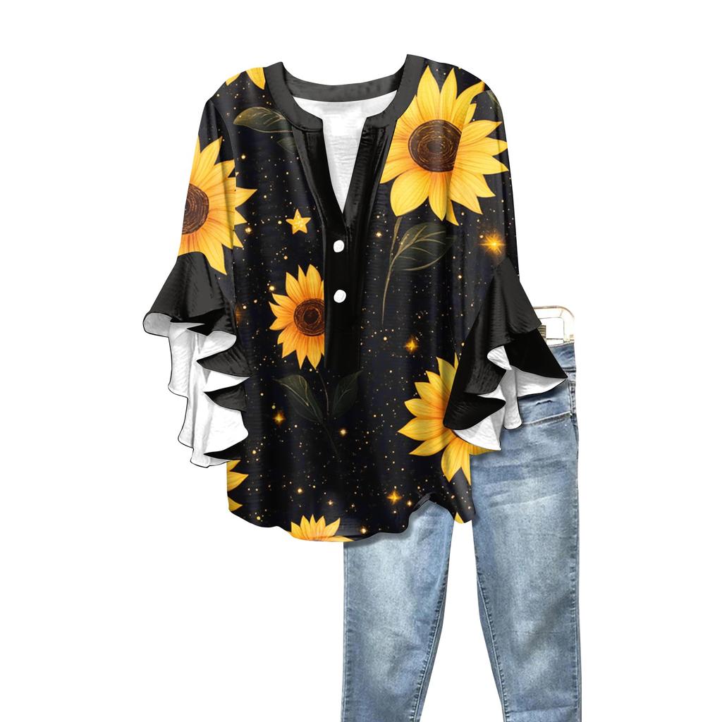 Summer Tops For Women Cute V Neck 3/4 Sleeve Blouses Floral Print Top Casual Shirts