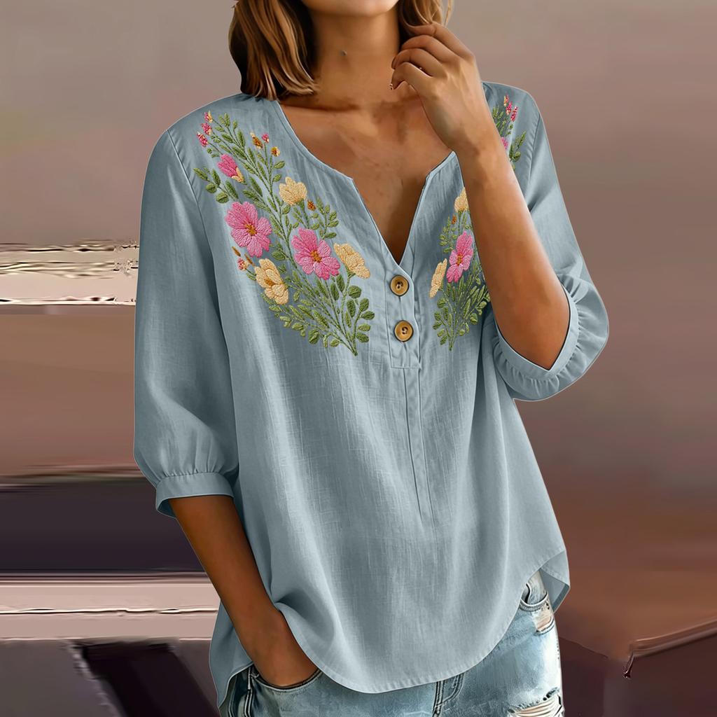 Women Floral Pattern Henley Button Neck Shirt Three Quarter Sleeve Casual Cotton Linen Blouse Lightweight Breathable Top