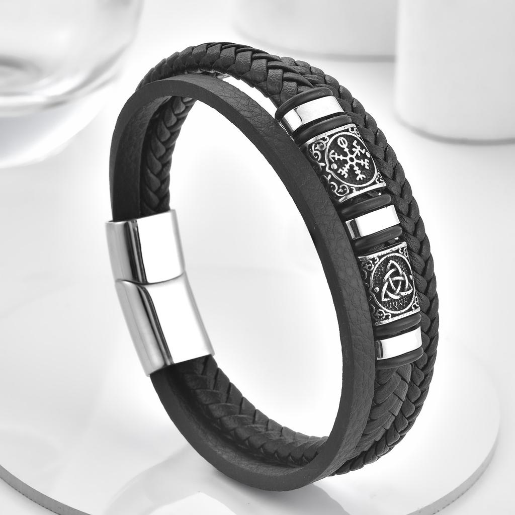 Black Leather Rope Cowhide Men's Double-layer Genuine Leather Woven Bracelet Handmade Multi-layer Leather Bracelet