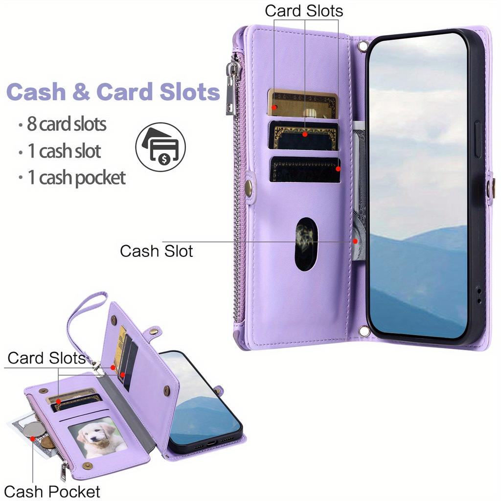 Wallet Leather Flip Case for iPhone 16E 16 Pro Max 15 14 Plus 13 12 11 Wrist Strap Zipper Handbag Card Slot Stand Book Cover