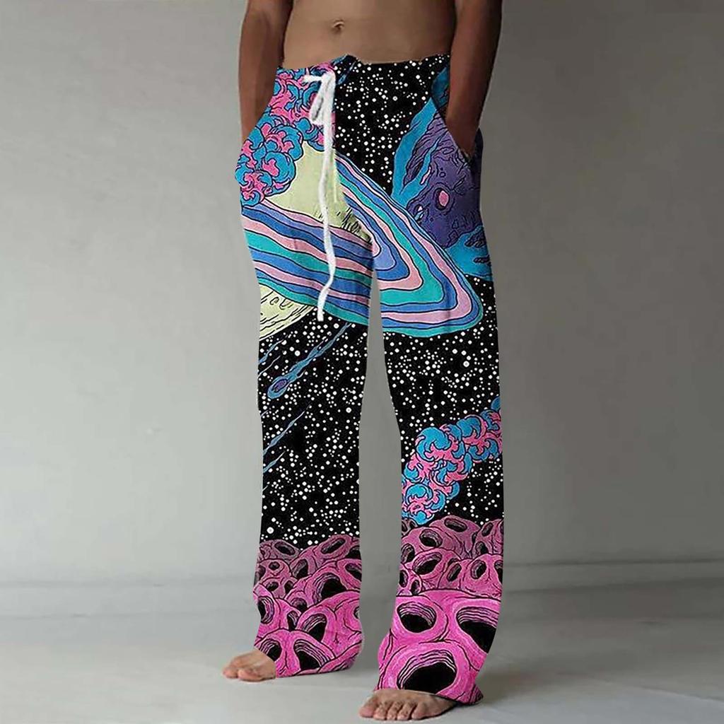 Men's Casual Loose And Comfortable Casual Pants Cotton Linen Printed Drawstring Trousers