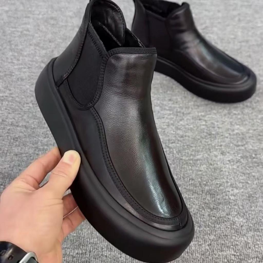 Genuine Leather Men's Boots Black Classic High-quality Thick Bottom Style Leisure and Party Office Outdoor Warm Shoes