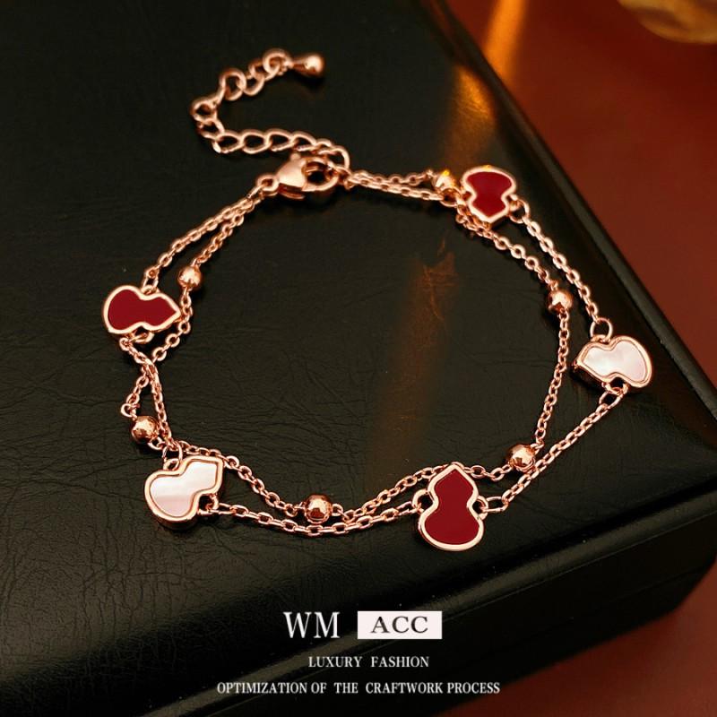 Double Layer Pendant Bracelet Women Rose Gold Plated Copper With Red Enamel Vintage French Chic Style Geometric Design