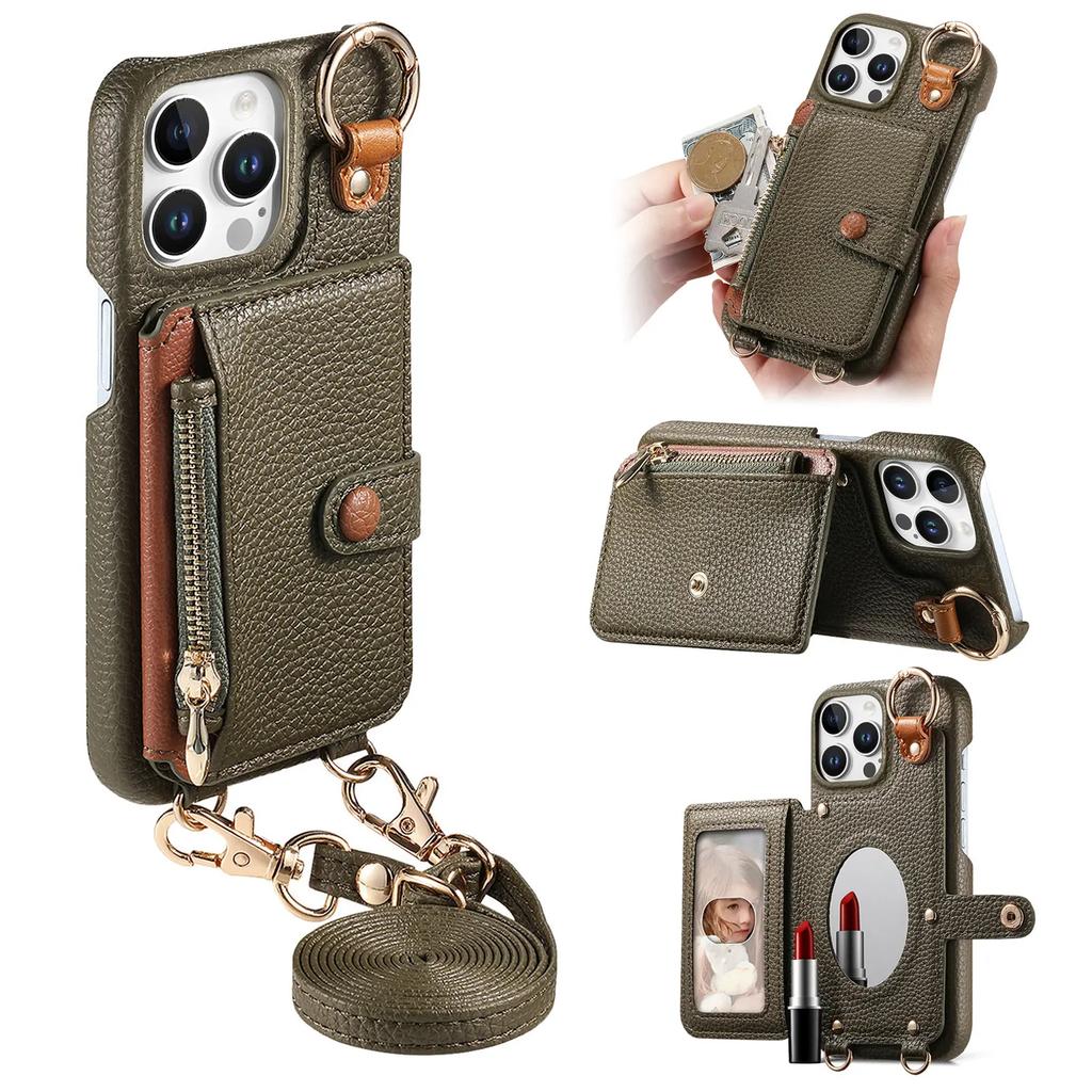 Crossbody Zipper Cards Solt Wallet Leather Case For iPhone 16 Pro Max 15 Plus 14 13 12 11 Long Lanyard Ring Holder Mirror Cover