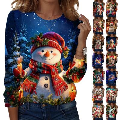 Women's Christmas Printed Round-neck Loose Long-sleeved Top